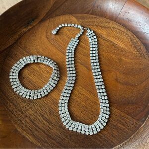 Vintage 3-Strand Rhinestone Silver-Tone Crystal Tennis Choker and Bracelet Set